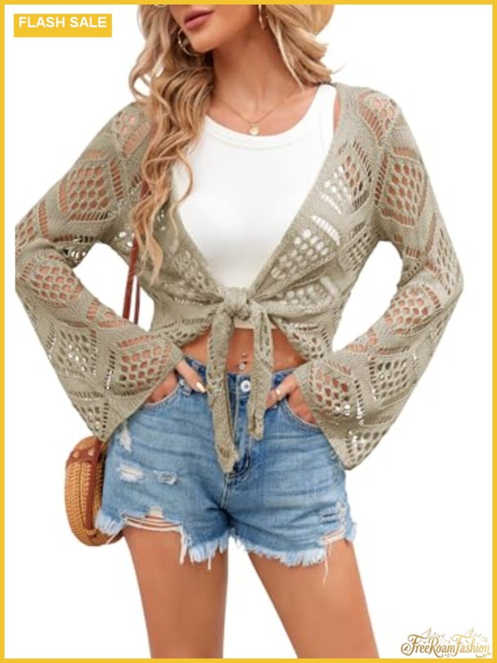 Crochet Tie Front Cardigan Lightweight Knit Sweater Bell Long Sleeve Crop